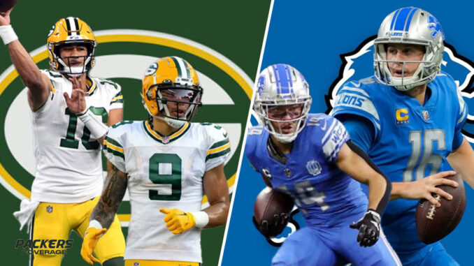 Jordan Love, Christian Watson, Amon-Ra St. Brown, Jared Goff, Lions, Packers
